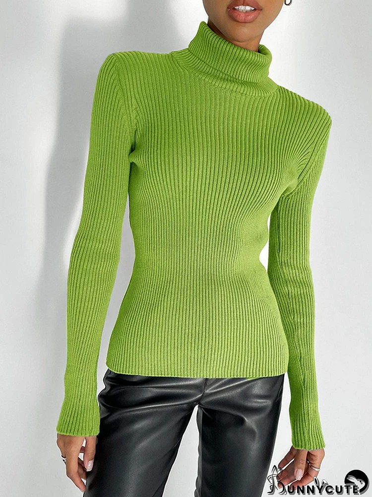 Long Sleeves Skinny Solid Color High Neck Pullovers Sweater Tops