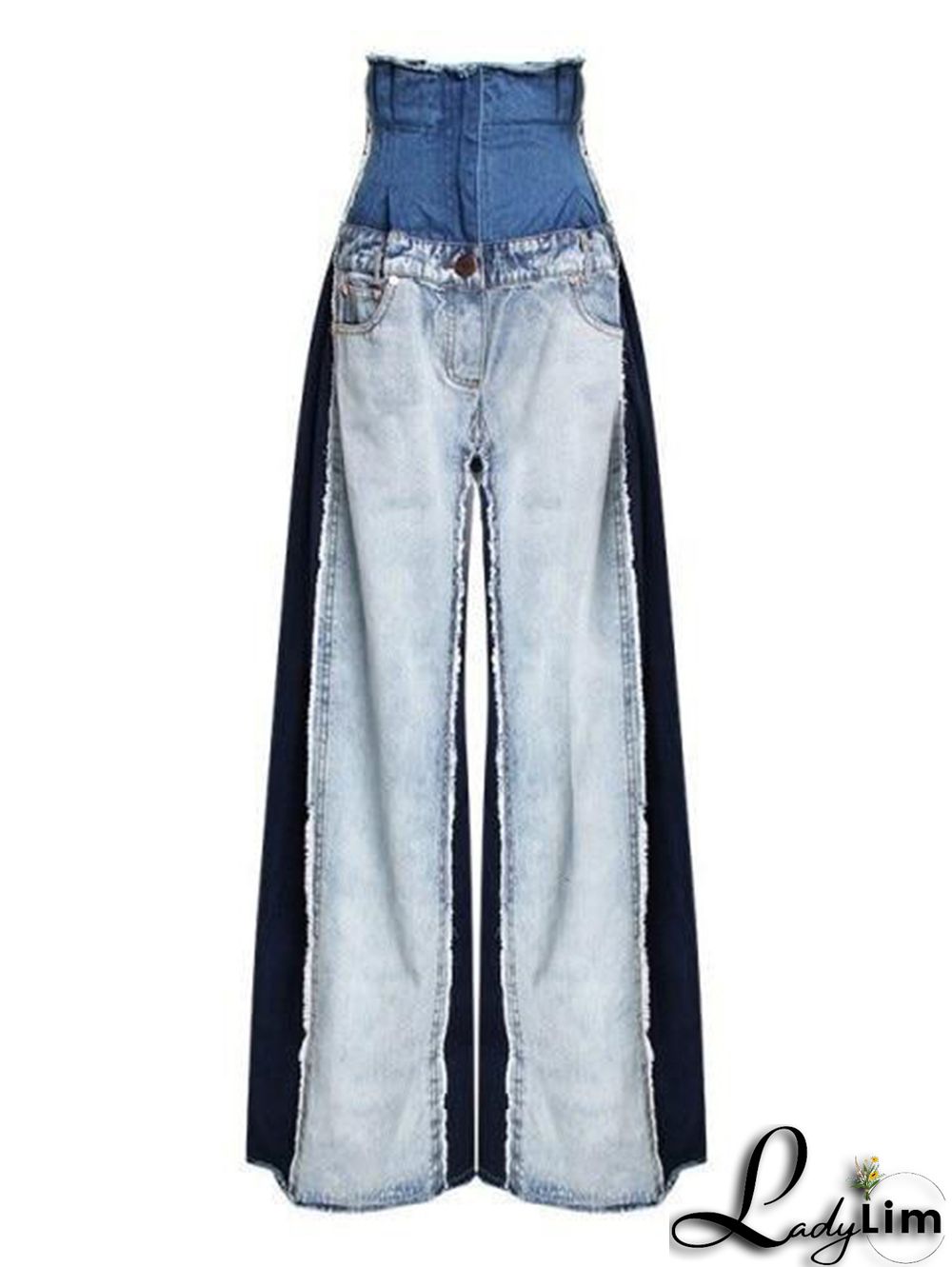 Casual Colorblock Patchwork Raw Trim Wide Leg Denim Jeans