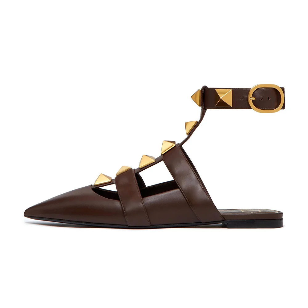 Women's Leather Flats Rivet Decor Pointed Toe Brown Ankle Strap Flats Nicepairs