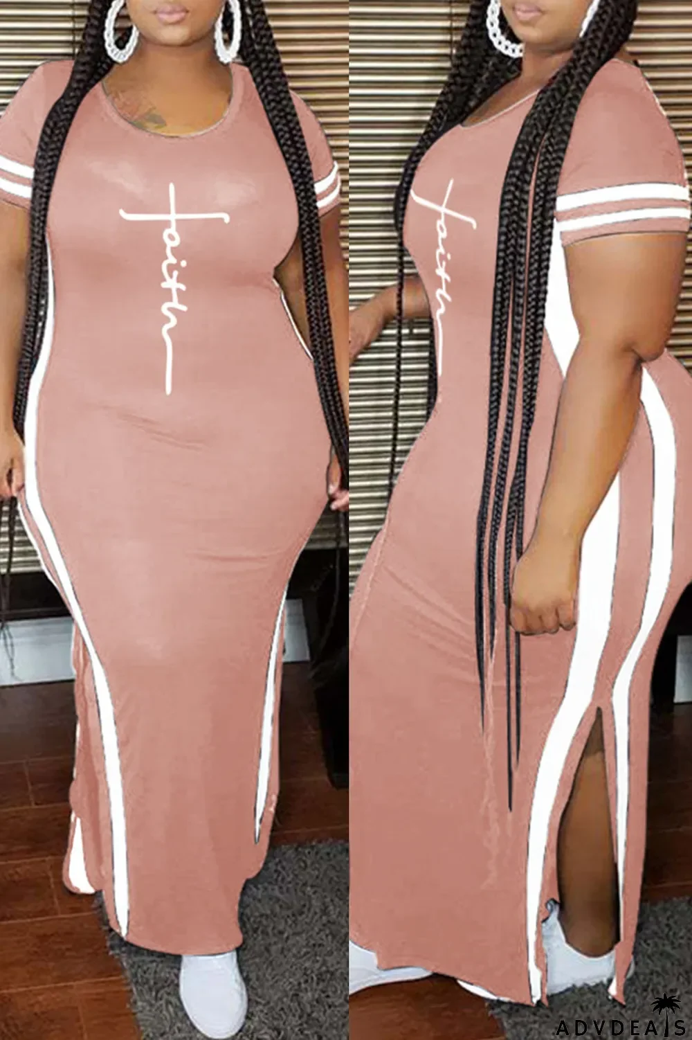 Tibetan Blue Fashion Casual Plus Size Print Slit O Neck Short Sleeve Dress