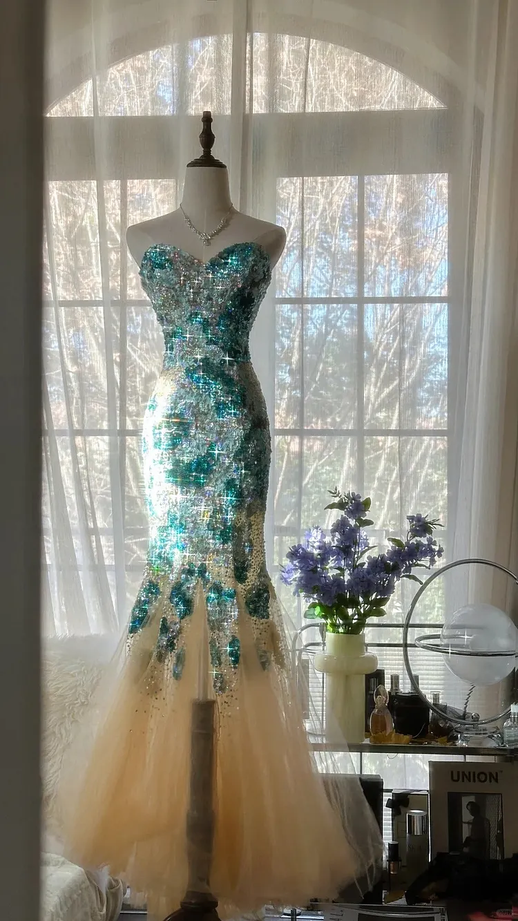 Blue Gorgeous Shiny Exquisite Beaded Long Chiffon Tulle Sequin Ball Gown Evening Gown Party Gown Birthday Gown Date Gown