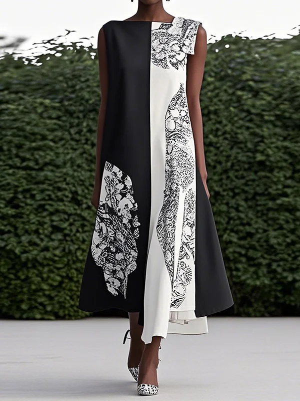 Loose Sleeveless Asymmetric Contrast Color Printed Round-Neck Maxi Dresses