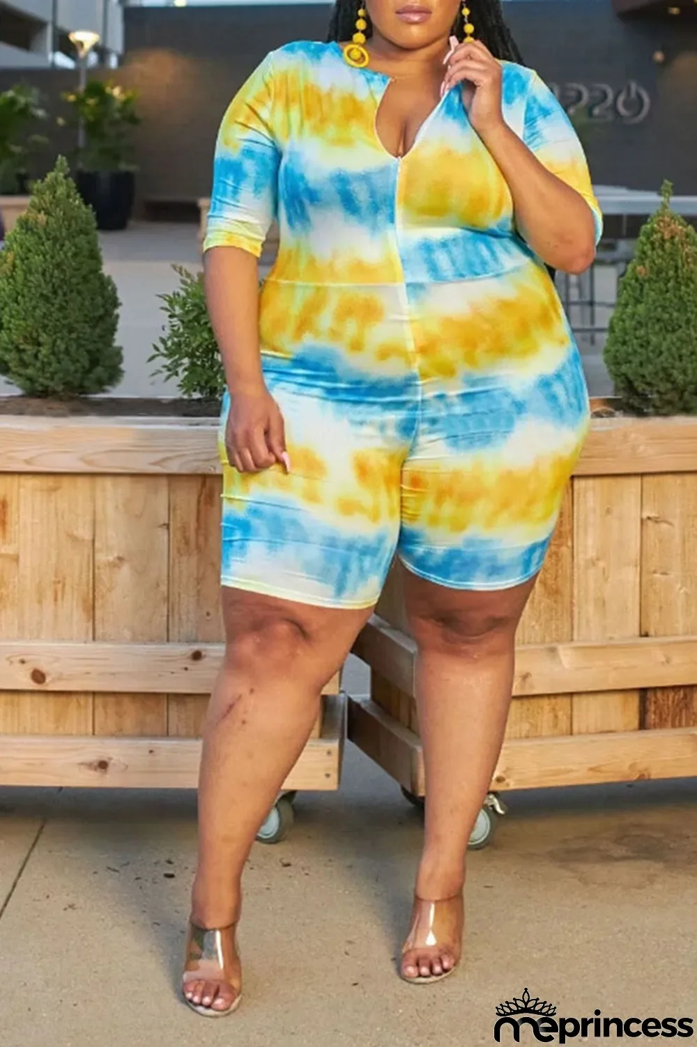 Yellow and blue Cotton England O Neck Print Tie Dye Pattern Plus Size