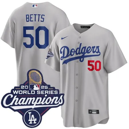 Men's Los Angeles Dodgers #50 Mookie Betts  Gray 2025 World Series Champions Home Limited Jersey