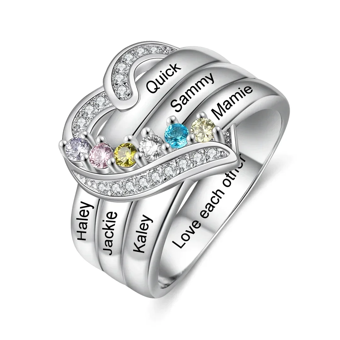 Personalized Mother Ring with 6 Birthstones Heart Family Ring