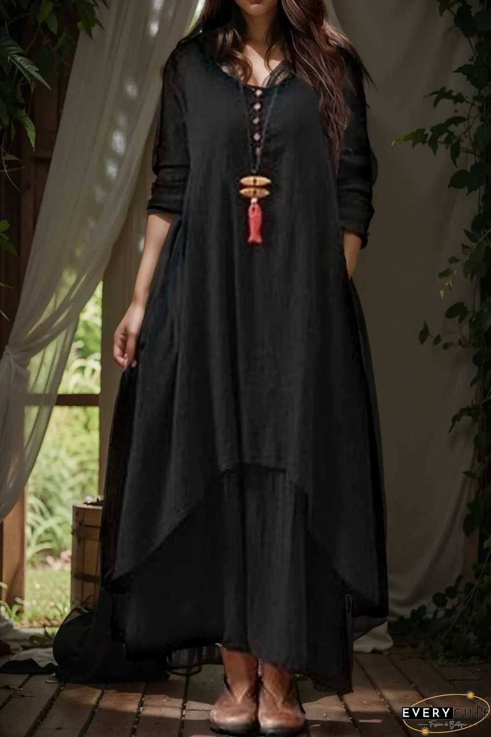 women s plus size casual dress swing dress solid color long dress maxi dress long sleeve button two piece v neck