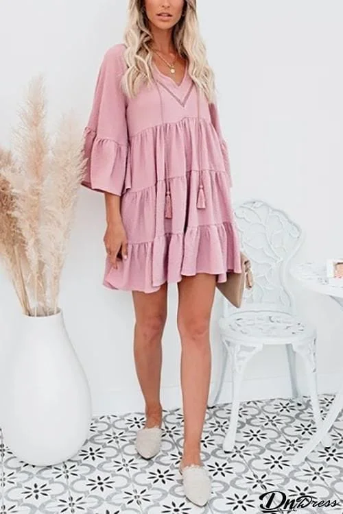 V Neck Ruffles Loose Mini Dress