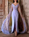 WIDE V-NECK WITH HAND EMROIDERY CAPE SLEEVES AND HIGH SLIT