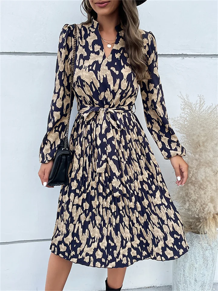 Fashion Elegant Wind Women's Spring New V-neck Pleated Print Long-sleeved A-line Dress Temperament Commuter Dress In The Dress | 168DEAL