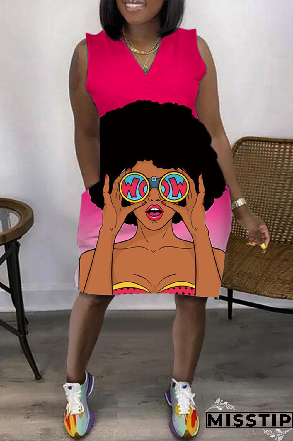 Green Fashion Casual Print Patchwork V Neck Sleeveless Plus Size Dress