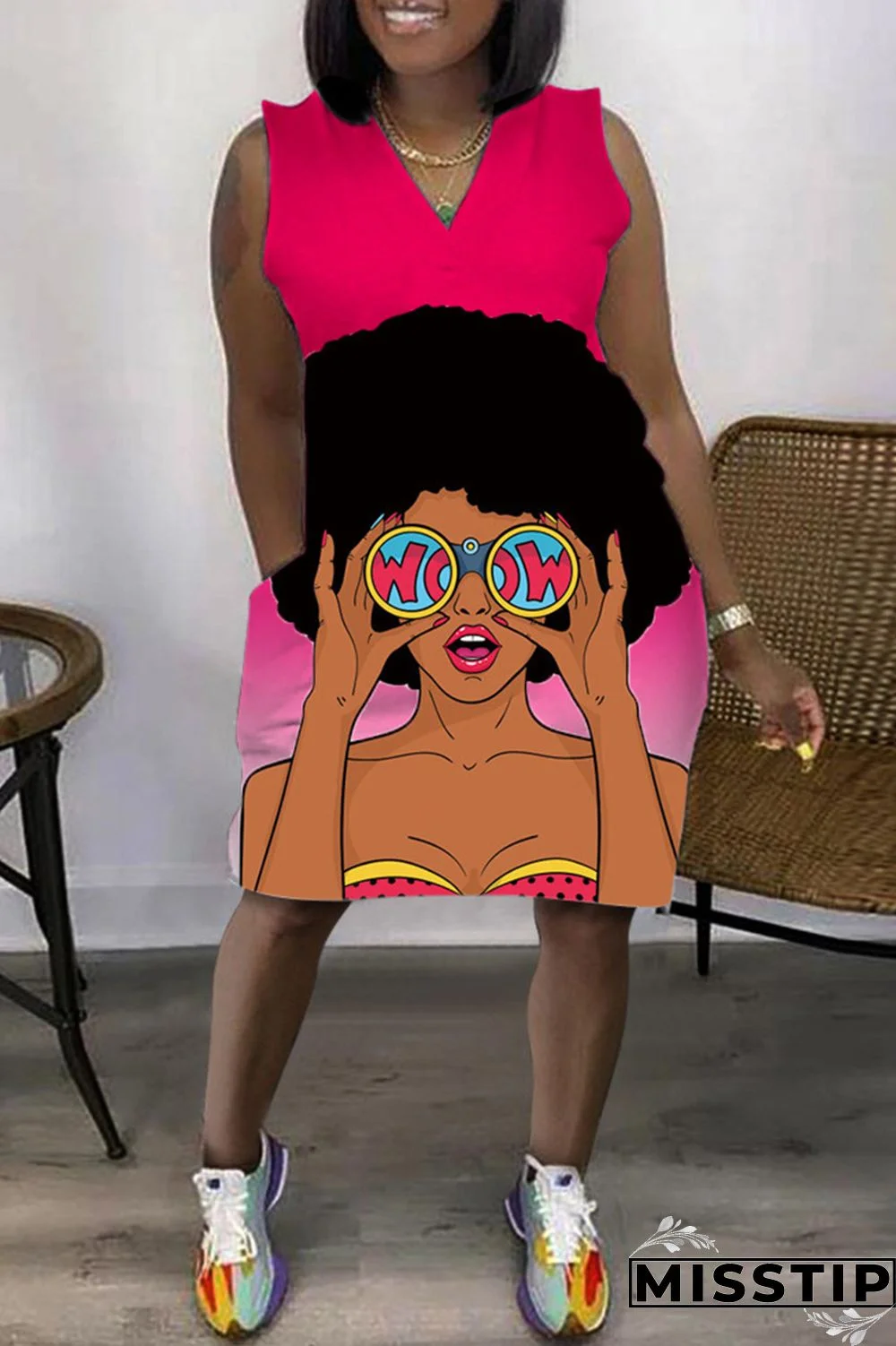 Green Fashion Casual Print Patchwork V Neck Sleeveless Plus Size Dress