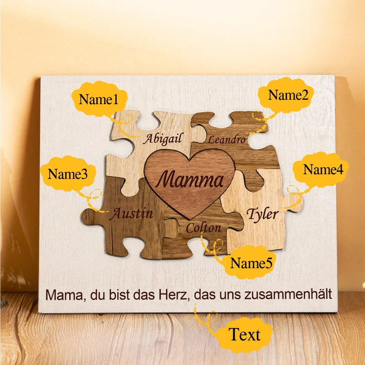 Mutter Holzbild-Personalisierter Text & 5 Namen Mama Puzzle Holzdekoration-Geschenk für Mutter