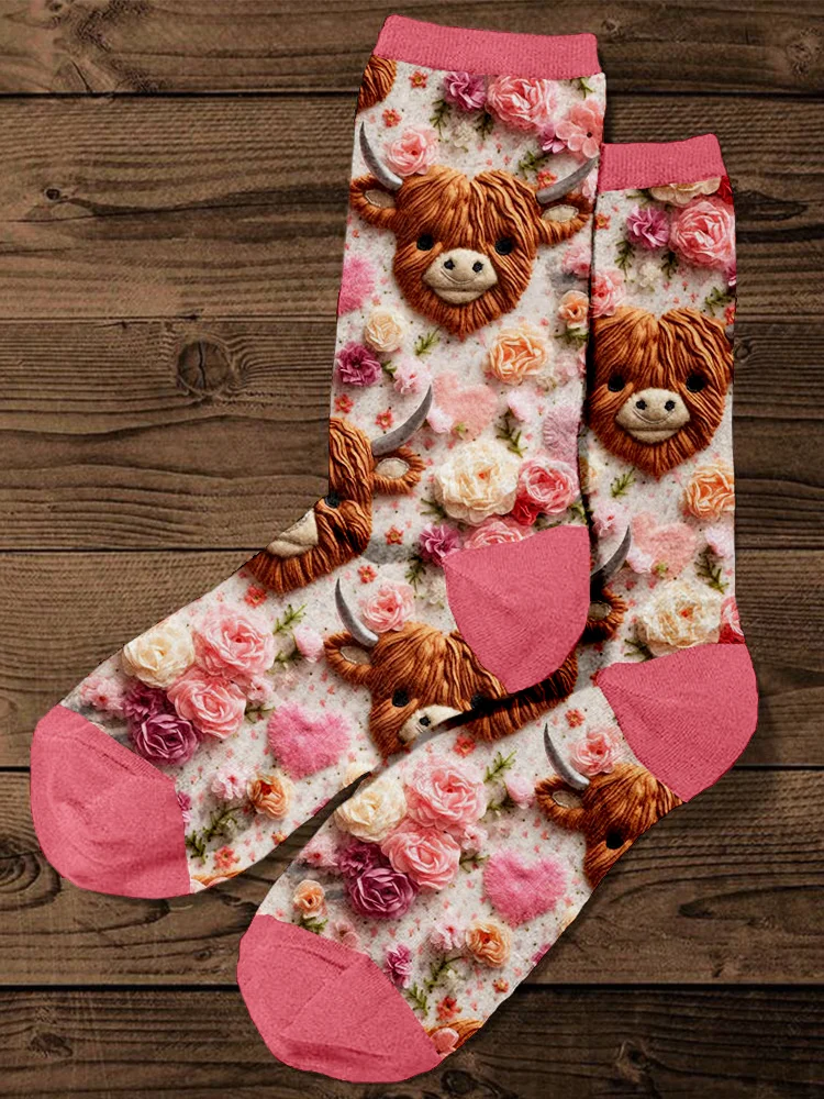 VChics Floral Highland Cow and Hearts Embroidery Art Comfy Socks