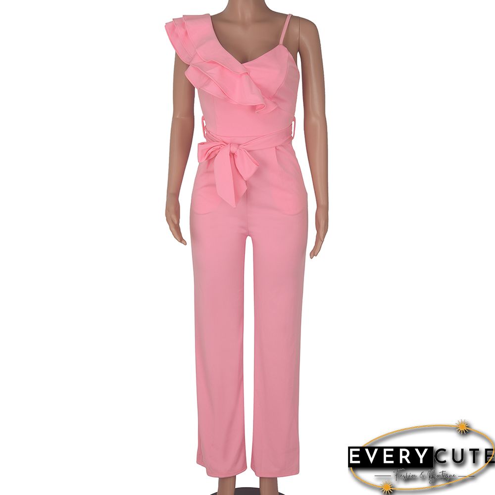Pink Ruffle One Shoulder Sleeveless V Neck Jumpsuit