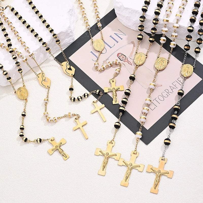 304 Stainless Steel Silica Gel 18K Gold Plated Beaded Polishing Plating Cross Virgin Mary Oval Sweater Chain Long Necklace Necklace