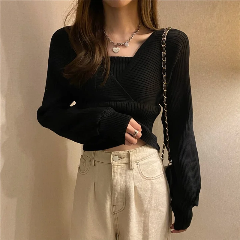 Elegant Solid Slim Autumn Short V Neck White Knitted Tops Bottom Fake Two Pieces Pullover Sweaters Lady Fashion Chic Korea 17394
