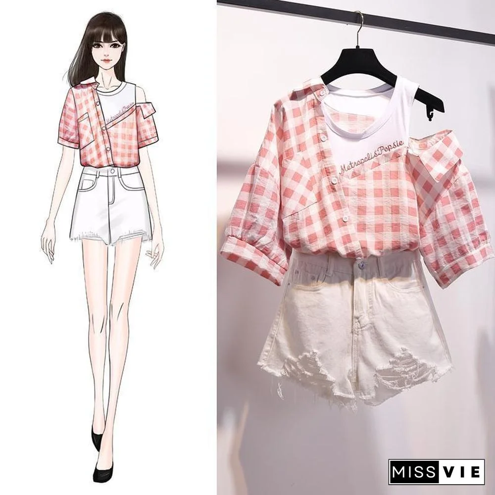 Plaid Off Shoulder Blouse+Denim Shorts P13928