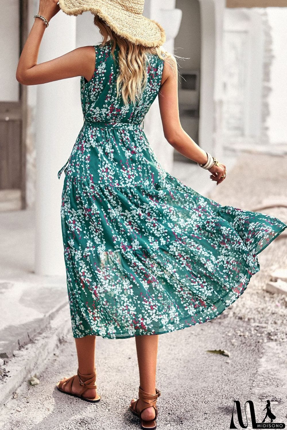 MidiSono - Floral Belted Surplice Sleeveless Tiered Dress