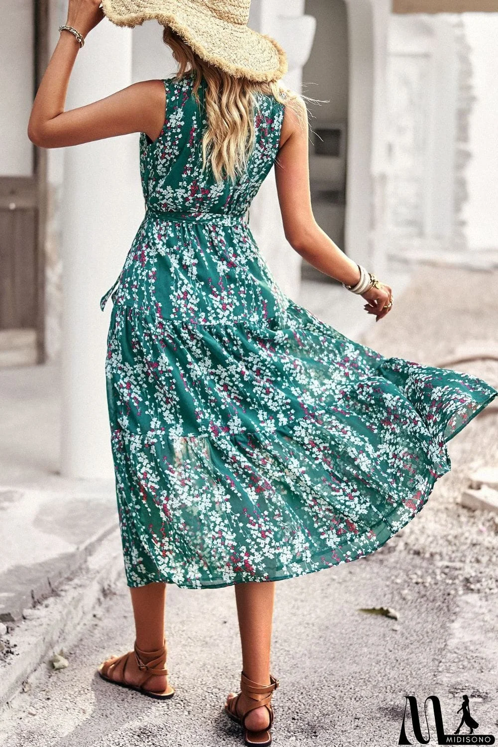 MidiSono - Floral Belted Surplice Sleeveless Tiered Dress