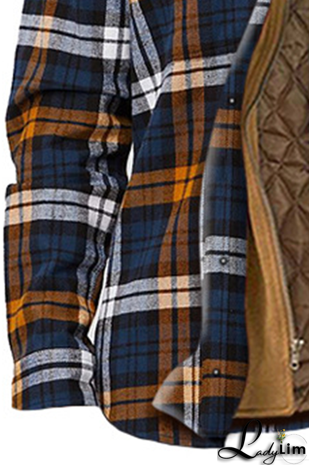 Brown Casual Plaid Draw String Zipper Hooded Collar Outerwear