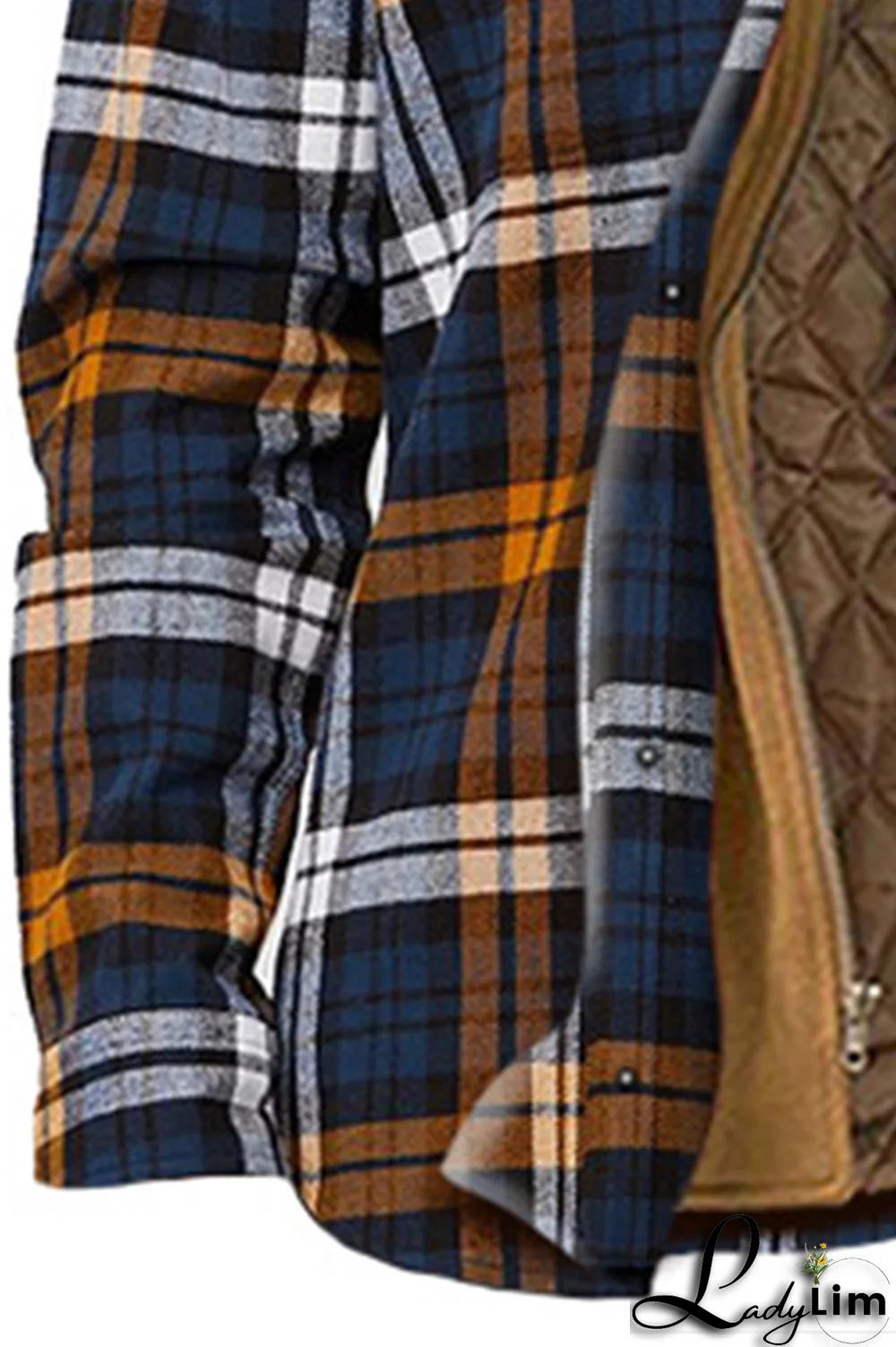 Brown Casual Plaid Draw String Zipper Hooded Collar Outerwear