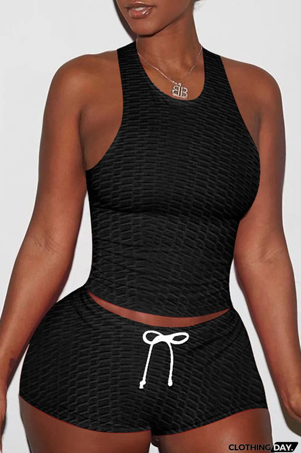 Black Sexy Sportswear Solid Patchwork Spaghetti Strap Sleeveless Two Pieces