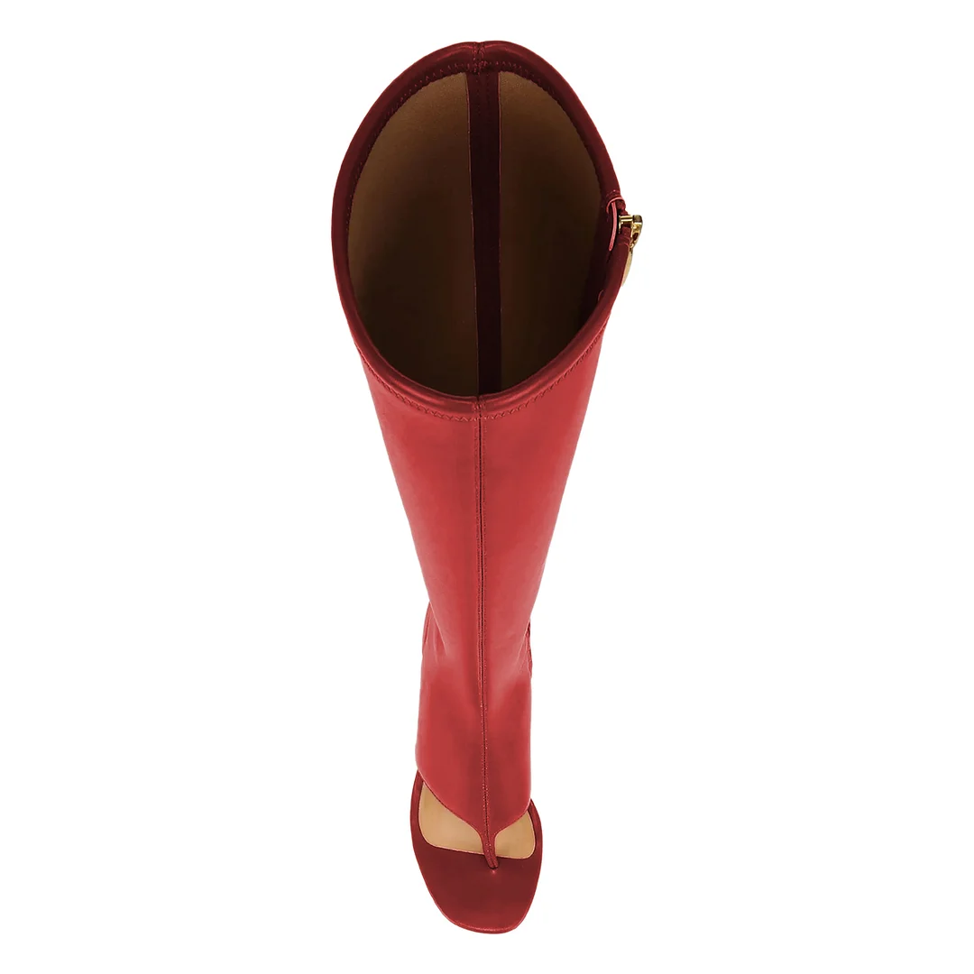 Vegan Leather Open Square Toe Side-Zip Knee High Heel Boots in Red
