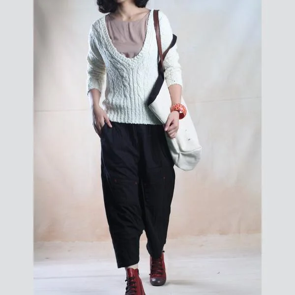 White V neck women sweater cable knit top