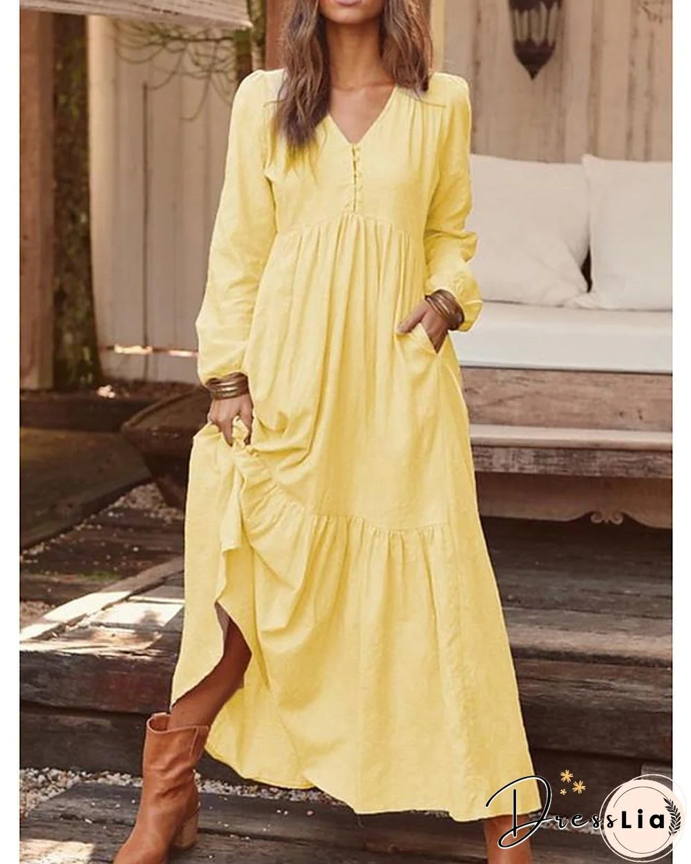 Women's Shift Dress Maxi long Dress Long Sleeve Solid Color Hot Yellow Royal Blue Light gray Brown Light Blue S M L XL XXL 3XL