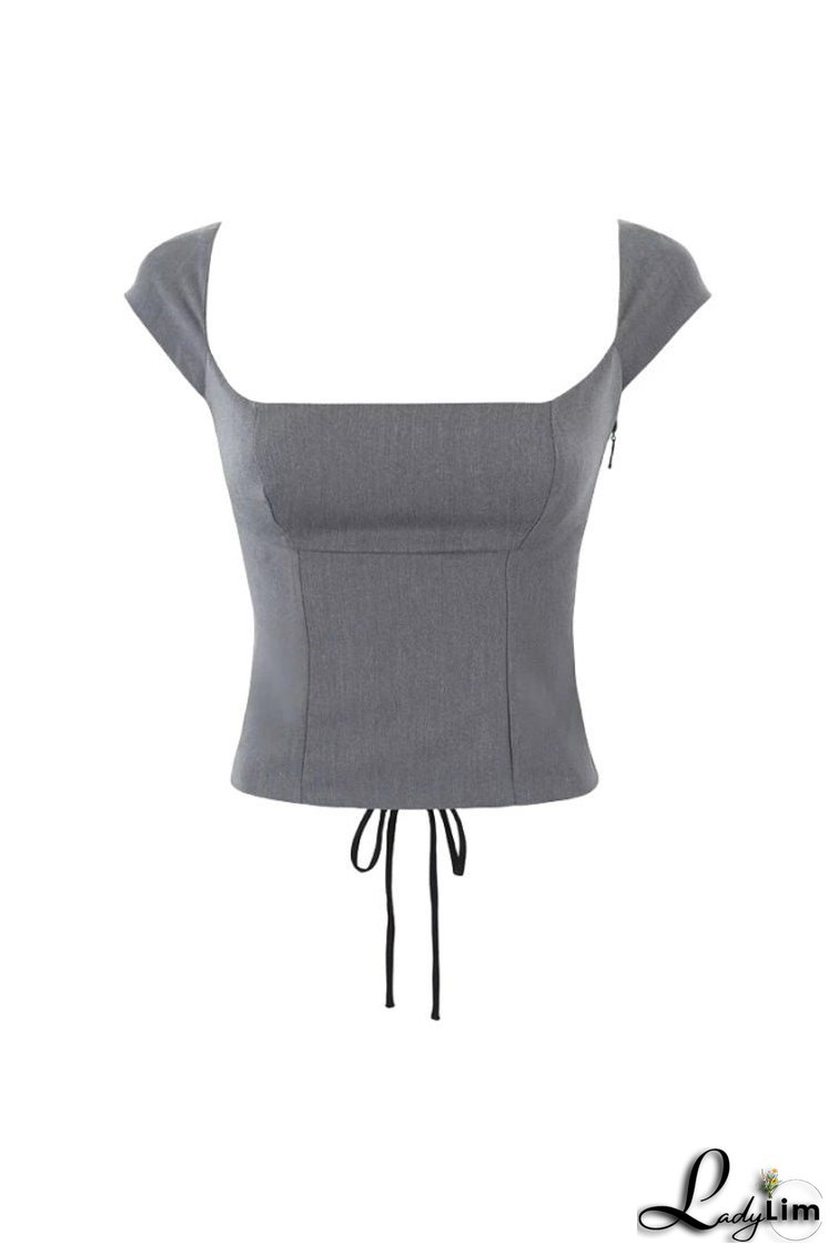 French Style Square Neck Cap Sleeve Lace Up Open Back Twilled Crop Top