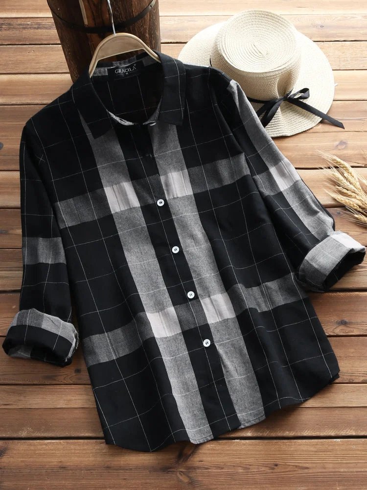 Women Long Sleeve Plaid Print Cotton Linen Button-down Shirts Tops