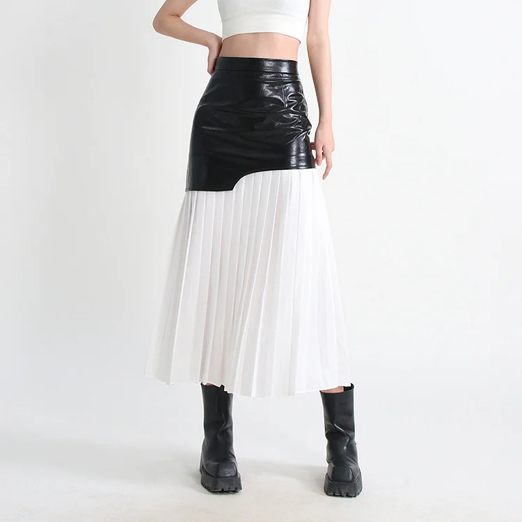 Street Style PU Leather Splicing High Waist Skirt