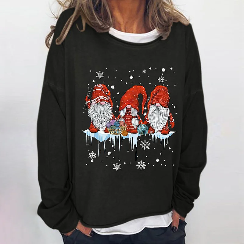 Women Christmas Gnomies Santa Crew Neck Print T-shirt