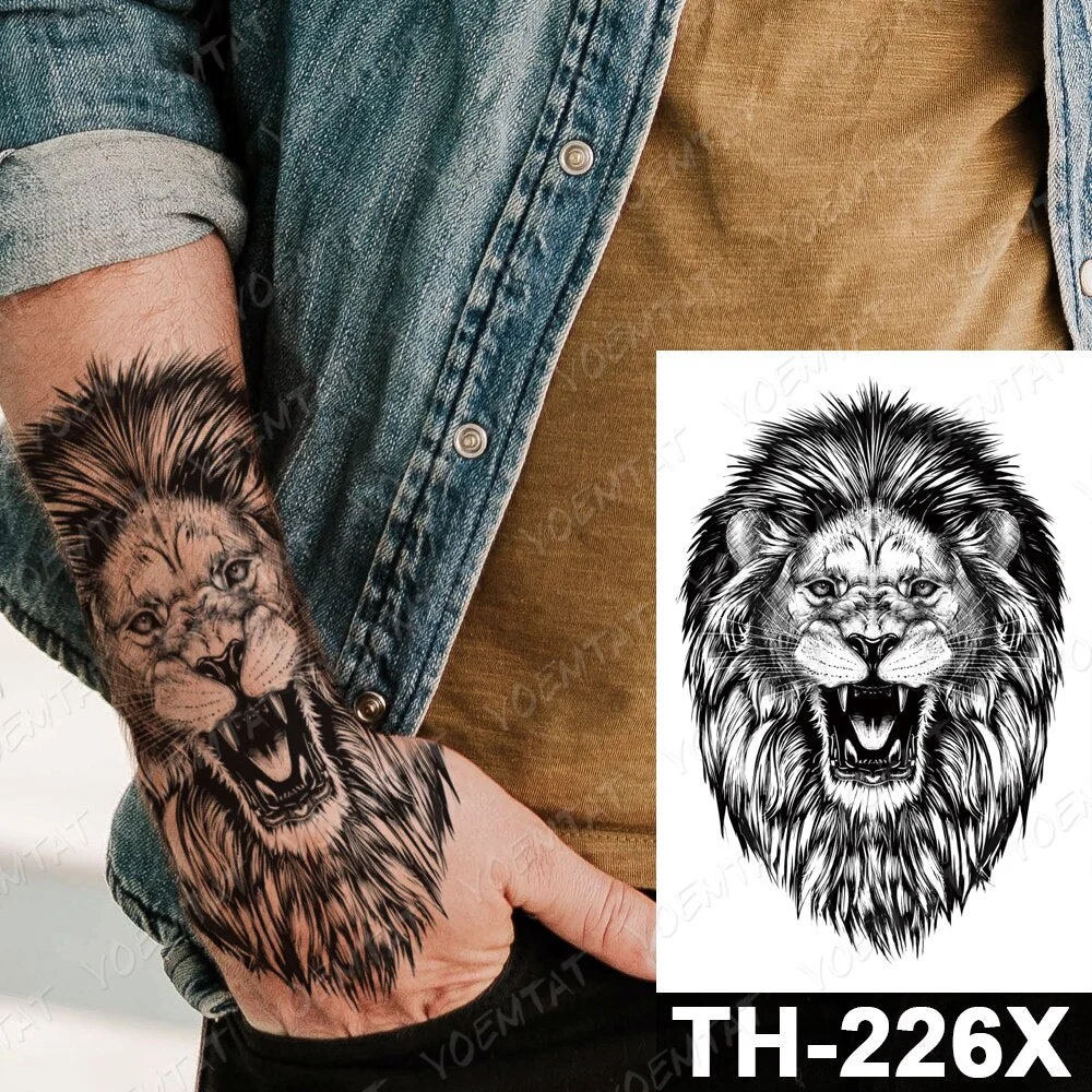 Roaring Lion Temporary Tattoo Sticker For Men Women Wolf Lightning Black Tiger Rose Waterproof Fake Henna Wild Animal Body Art