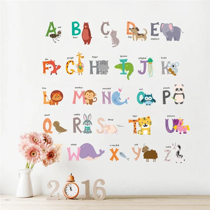 cartoon Jungle wild 26 letters alphabet animals wall stickers for kids rooms home decor children wall decal poster mural