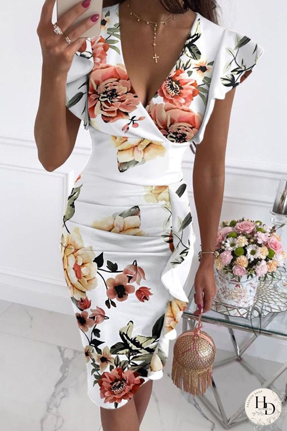 Fashion Street Print Split Joint V Neck Pencil Skirt Dresses