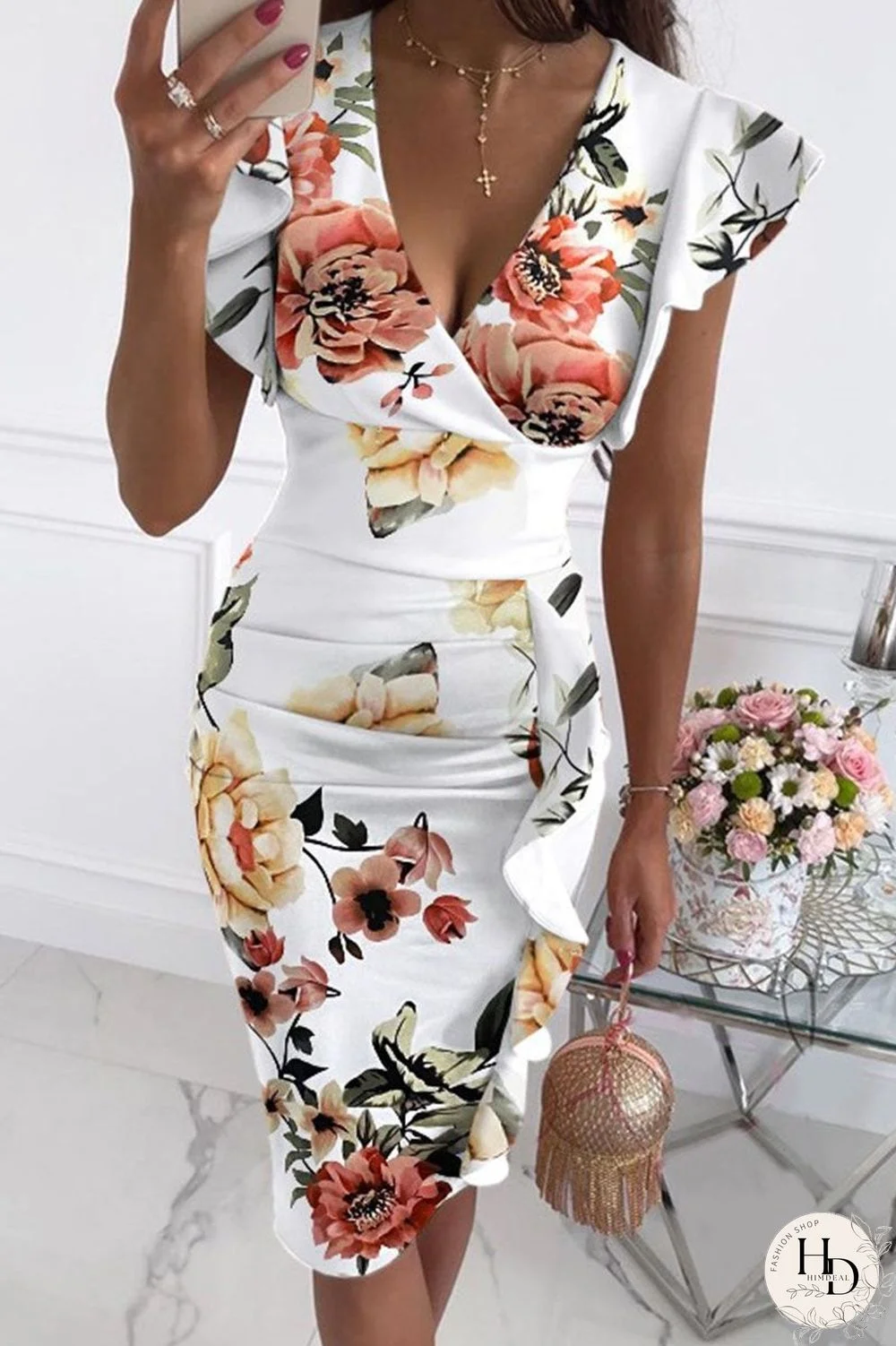 Fashion Street Print Split Joint V Neck Pencil Skirt Dresses