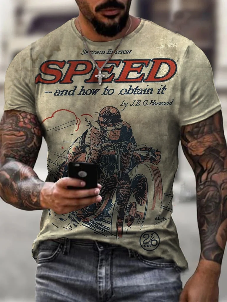 Mens Retro Motorcycle Riding Printed T-shirt / [viawink] /