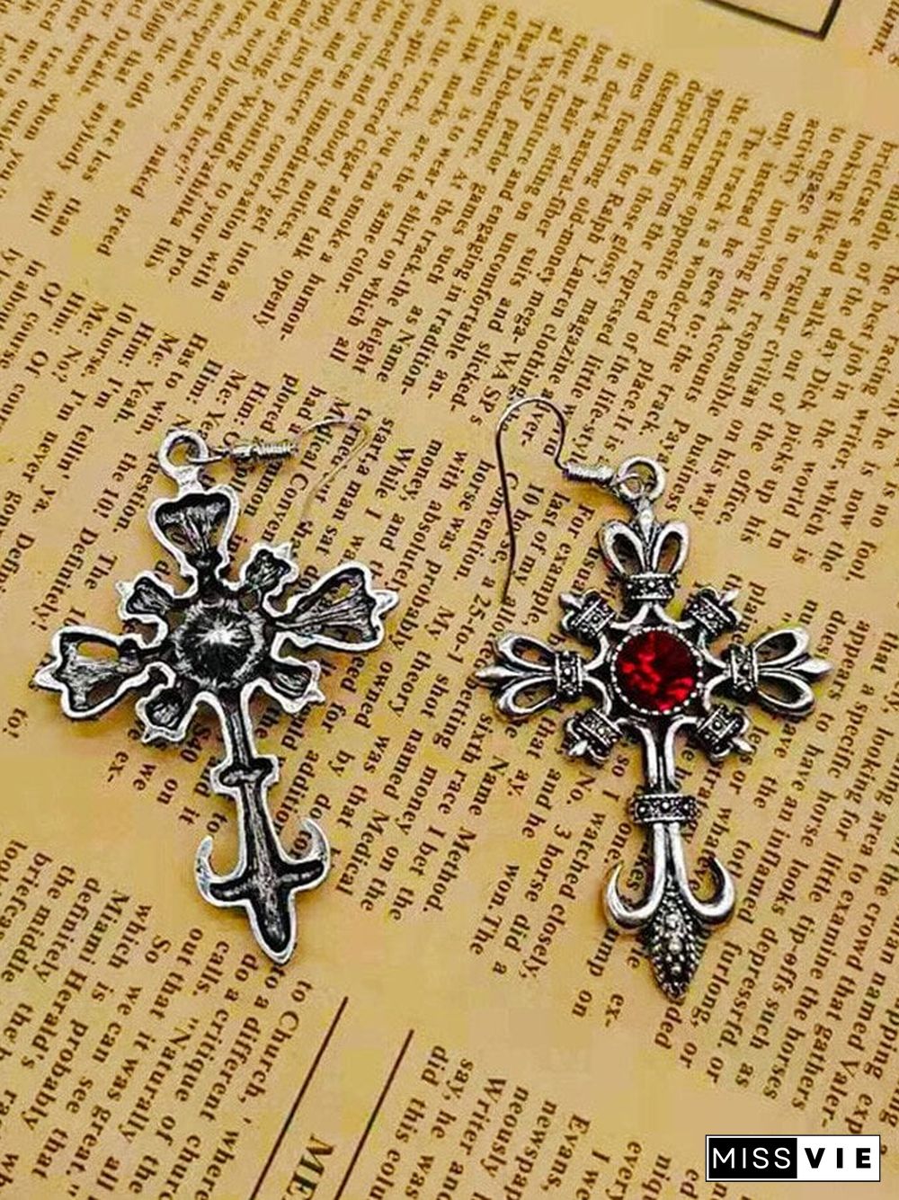 Dark Cross Red Rhinestone Earrings