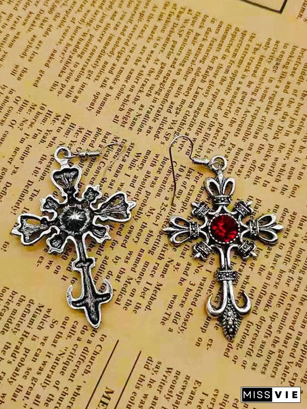 Dark Cross Red Rhinestone Earrings