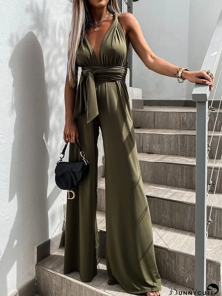 Jumpsuits Solid Deep V-Neck Sleeveless Belted Jumpsuit for Women