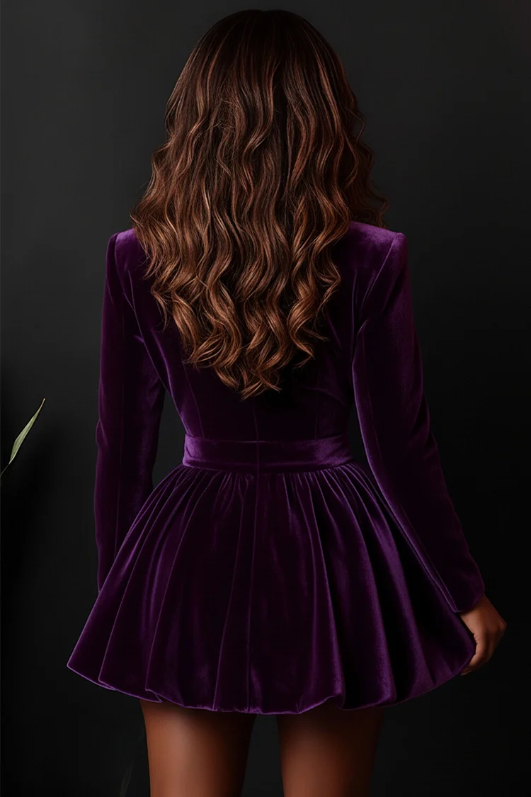 Peak Lapel Collar Long Sleeve Velvet A-Line Mini Dresses-Purple [Pre Order]