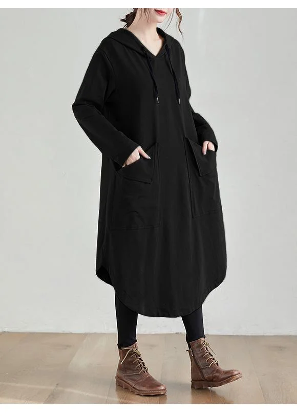 Organic Black Tunic Pattern Hooded Asymmetric Robe Spring Dresses