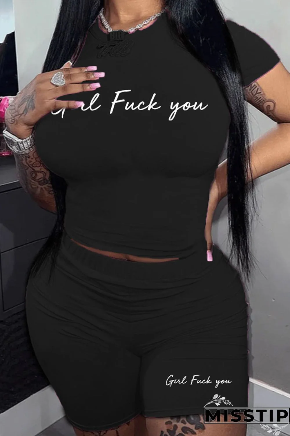 Black Casual Letter Print Patchwork O Neck Plus Size Two Pieces