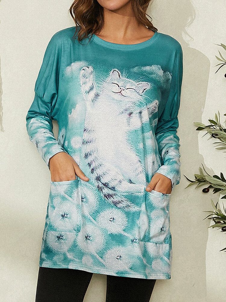 Cartoon Cat Print Long Sleeve Casual Pocket Blouse for Women P1793758