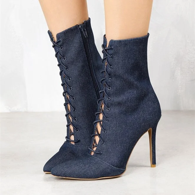 Navy Denim Pointy Toe Stiletto Heel Booties Lace up Boots Vdcoo