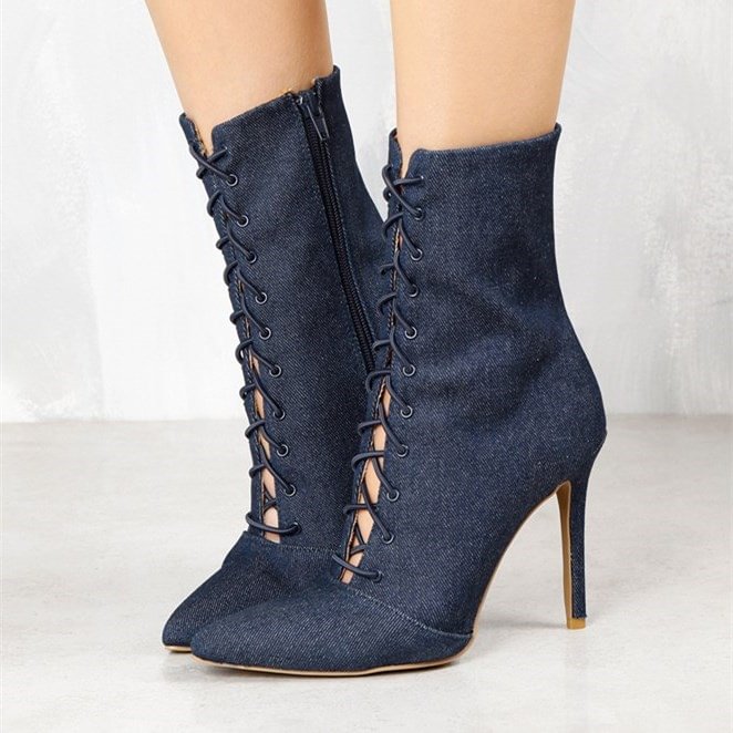 Women's Navy Denim Lace up Boots Pointy Toe Stiletto Heel Booties |FSJ Shoes image 1