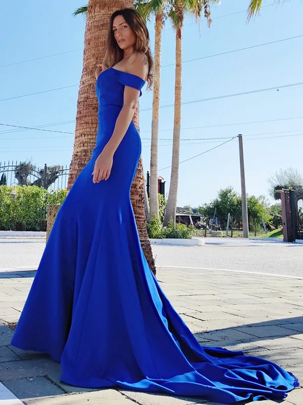 Vintage Off-the-Shoulder Blue Prom Dress Satin Mermaid Formal Dress C8302