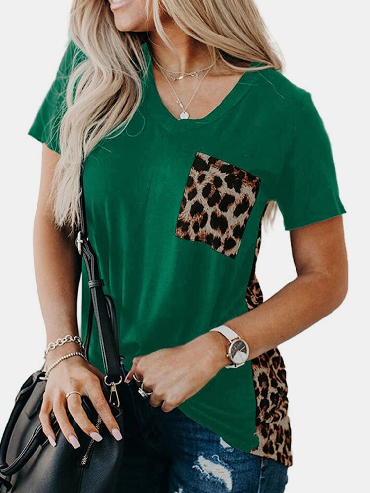 Leopard Patchwork Short Sleeve V neck Pocket T Shirt For Women P1842501