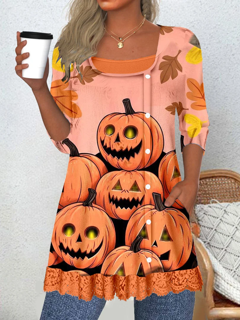 Women Long Sleeve Scoop Neck Pumpkin Printed Graphic Lace Button Tops